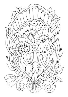 Boyama sayfası, sanat terapisi. Renklendirmek için bir buket çiçek. Siyah ve beyaz vektör çiçek arkaplanı.