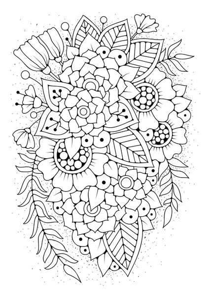 魔法の花の庭 着色本のページ 子供と大人のためのアートセラピー 着色のための花ベクトルイラスト アートラインの花の背景 — ストックベクタ