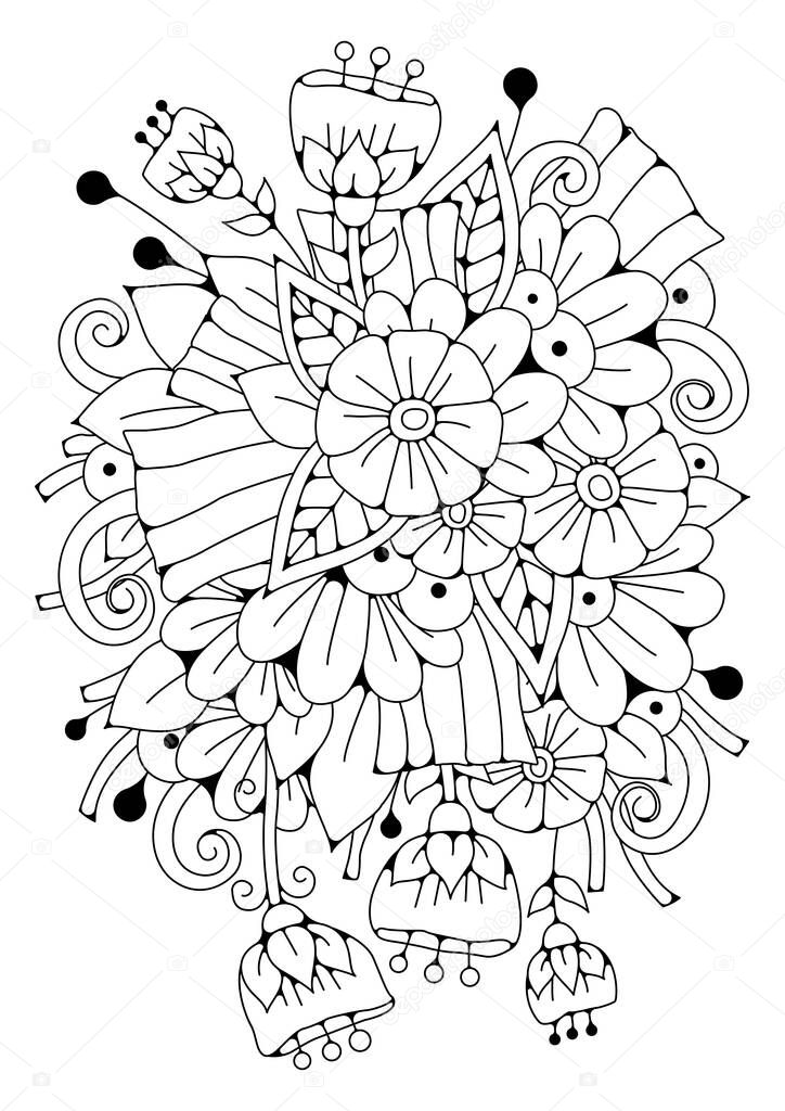 Coloring page with flowers. Floral background for coloring. Art therapy for children and adults.