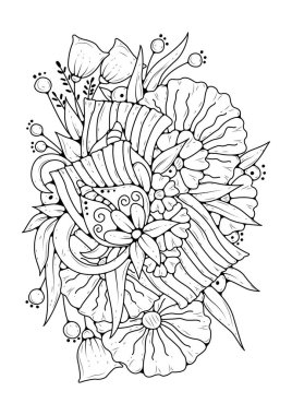 Çiçekli ve kelebekli boyama sayfası. Renkler için siyah beyaz arka plan. Çocuklar ve yetişkinler için sanat terapisi.