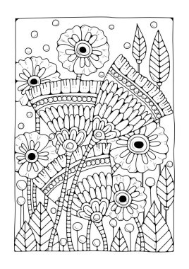 Büyük çiçek ve tomurcuklarla boyama sayfası. Renkler için siyah-beyaz vektör arkaplanı. Sanat terapisi. Resim satırı.
