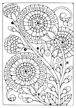 Çocuklar ve yetişkinler için boyama sayfası. Sanat terapisi. Siyah-beyaz arka plan. Vektör çiçek çizimi. Resim satırı.