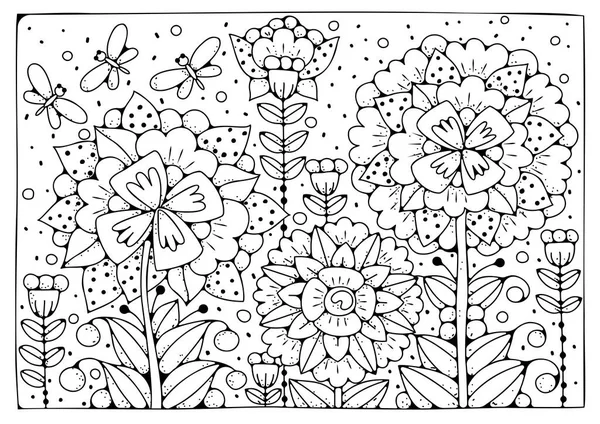 Výtvarná Terapie Pozadí Pro Barvení Černobílá Ilustrace Stránka Zbarvení Květin — Stockový vektor