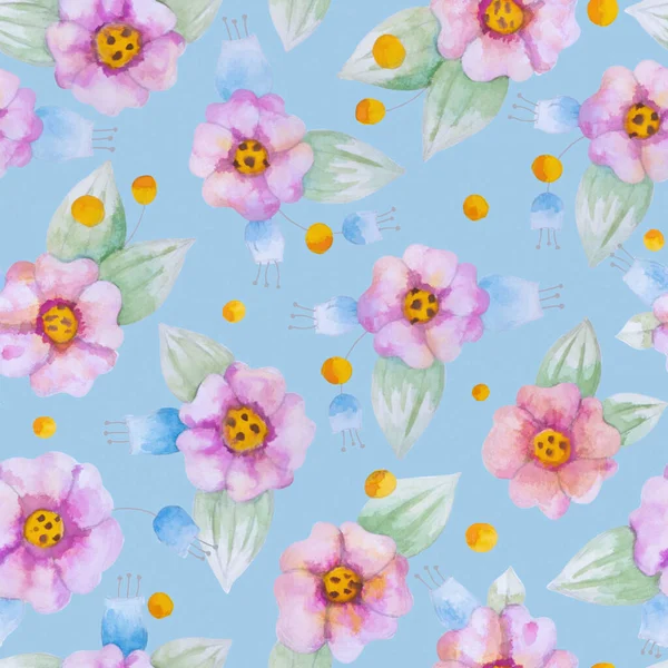 Raster illustration. Seamless pattern with pink flowers on a blue background. Watercolor drawing for printing on paper, fabric.