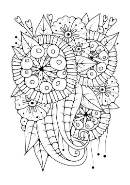 Çiçekli, yapraklı ve bukleli boyama sayfası. Renkler için siyah beyaz arka plan. Sanat terapisi.