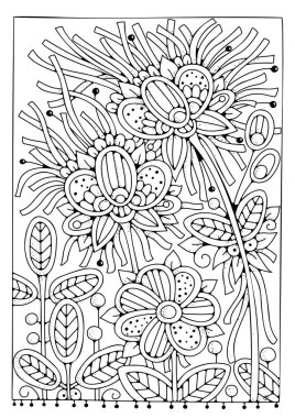 Siyah-beyaz kır çiçekleri boyama için arka plan. Sanat terapisi. Çocuklar ve yetişkinler için boyama sayfası.