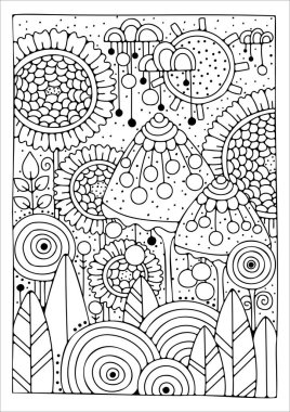 Sihirli bahçe boyama sayfası. Renkler için siyah beyaz arka plan. Çocuklar ve yetişkinler için sanat terapisi. Sanat çizgisi vektör illüstrasyonu.