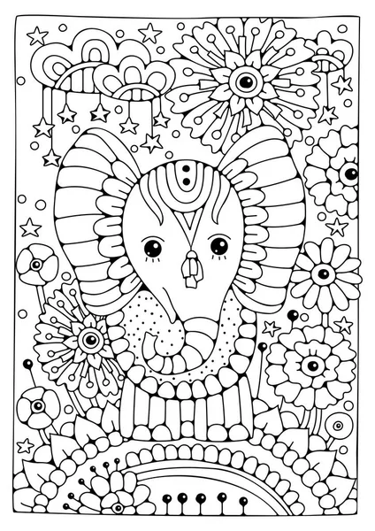 Çocuk boyama sayfası. Çiçek bahçesinde şirin bir fil duruyor..