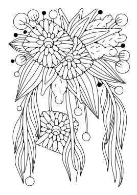 Çocuklar ve yetişkinler için boyama sayfası. Sanat terapisi. Siyah-beyaz arka plan. Vektör çiçek çizimi. Resim satırı.