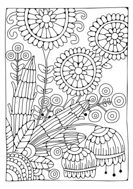 Çiçekli, yapraklı ve bukleli boyama sayfası. Renkler için siyah beyaz arka plan. Sanat terapisi.