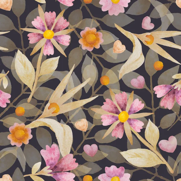 Seamless pattern. Bright floral ornament on a dark background. Background for printing on fabric, paper. Scrapbooking, postcard, packaging, wrapper.