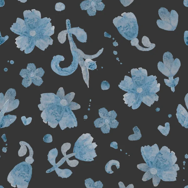 Retro Sömlöst Mönster Blommig Prydnad Akvarell Blå Blommor Mörkgrå Bakgrund — Stockfoto