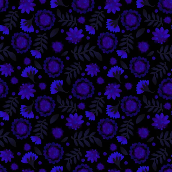 Retro Sömlöst Mönster Blommig Prydnad Akvarell Blå Fluorescerande Blommor Svart — Stockfoto