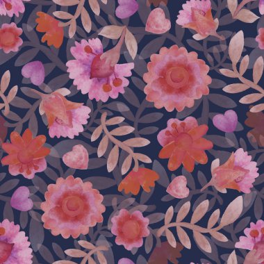 Koyu arkaplanda suluboya turuncu çiçekler. Kusursuz desen. Çiçek süsü. Duvar kağıdı. Kağıt ve kumaşa baskı yapıyorum. Albüm, ambalaj, ambalaj, kartpostal. Yazdır.