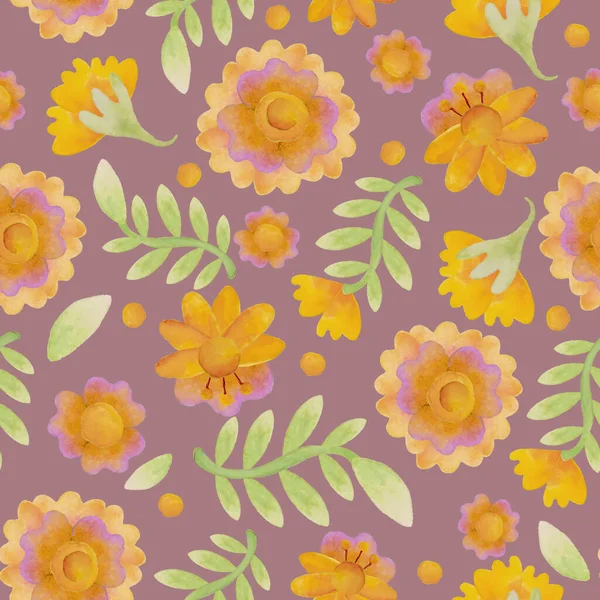 Adorno Floral Brillante Con Flores Acuarela Amarillas Patrón Sin Costuras —  Fotos de Stock