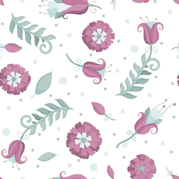 Квітковий Орнамент Зеленим Листям Рожевими Квітами Білому Тлі Безшовний Візерунок — стоковий вектор