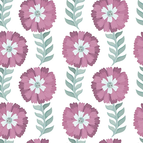 Yeşil yapraklı çiçek süsü ve beyaz arka planda pembe çiçekler. Kartpostal, ambalaj, yapıştırma, hatıra defteri, duvar kağıdı, tasarım, dekorasyon için kusursuz desen. Vektör illüstrasyonu.