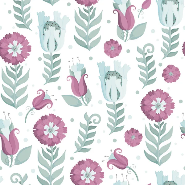 Floral ornament with green leaves, pink and blue flowers on a white background. Seamless pattern for postcard, packaging, wrapping, scrapbooking, wallpaper, design, decoration. Vector illustration.