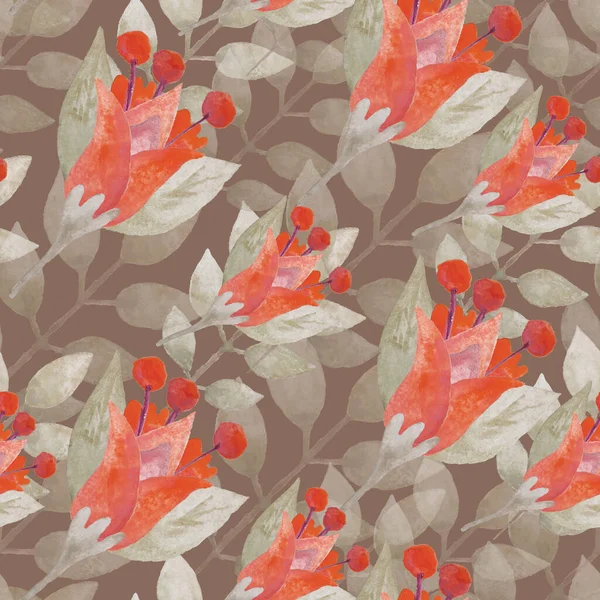 Kusursuz Desen Kırmızı Suluboya Çiçekler — Stok fotoğraf
