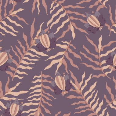Paketleme ve paketleme için kusursuz desen. Bej yapraklı ve leylak çiçekli vektör illüstrasyonu.
