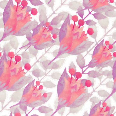 Kusursuz desen. Çiçek süsü. Beyaz arka planda pembe suluboya çiçekler. Baskı, hatıra defteri, ambalaj, duvar kağıdı, kartpostal, geçmiş. Raster illüstrasyonu.