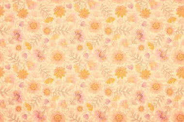 Suluboya çiçekli süslemeli Grunge retro arka planı. Kartpostal tasarımı, ambalaj, paketleme veya yapıştırma kitabı için Raster illüstrasyonu.