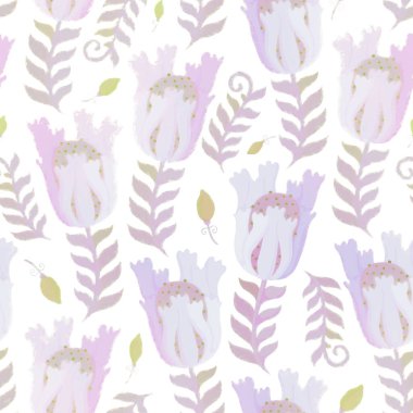 Yeşil yapraklı çiçek süsü, beyaz arka planda mavi ve pembe çiçekler. Kartpostal, ambalaj, paketleme, yapıştırma kitabı, duvar kağıdı, tasarım, dekorasyon için kusursuz desen. 