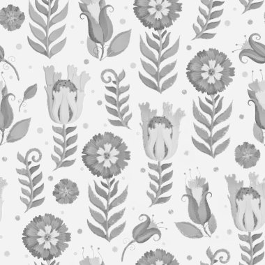 Çiçek süsü, tek renkli arka plan. Kartpostal, ambalaj, yapıştırma, hatıra defteri, duvar kağıdı, tasarım, dekorasyon için kusursuz desen. Raster illüstrasyonu.