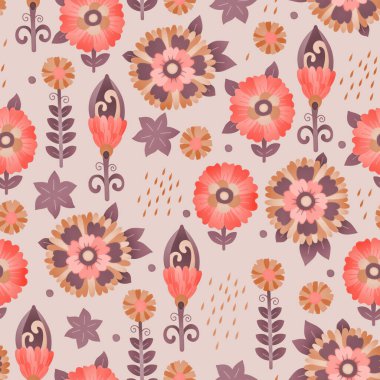 Kusursuz desen. Çiçekli süslemelerle dolu parlak bir arka plan. Moda tasarımı, ambalajlama, paketleme ve yapıştırma kitabı için Raster illüstrasyonu. Kağıt ya da kumaşa yazdırma.