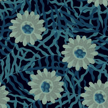 Kusursuz desen. Koyu arkaplanda çiçek süsü olan geçmişe dönük bir geçmiş. Tasarım için Raster çizimi. Kumaş veya kağıda yazdırmak için yazdır.