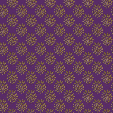 Çiçek süslemeli bir arka plan. Tasarım için Raster çizimi. Mor arkaplandaki altın süs.