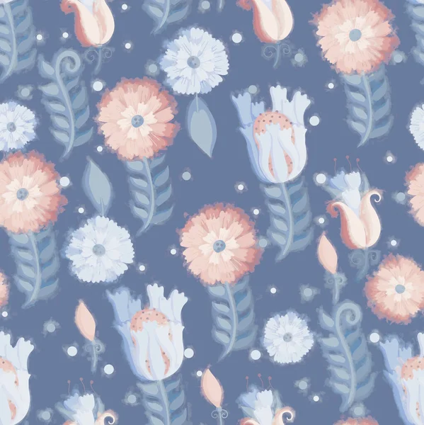 Yeşil yapraklı çiçek süsü, mavi arka planda pembe ve mavi çiçekler. Kartpostal, ambalaj, yapıştırma, hatıra defteri, duvar kağıdı, tasarım, dekorasyon için kusursuz desen. Raster illüstrasyonu.