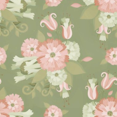 Çiçek süsü ile kusursuz desen. Kumaş ya da kağıt üzerine tasarım ve baskı için Raster illüstrasyon. Yeşil arka planda çiçekler.