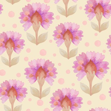 Çiçek süsü ile kusursuz desen. Suluboya çiçeklerle dolu bir arka plan. Kumaş veya kağıt üzerine tasarım ve baskı için Raster illüstrasyonu.