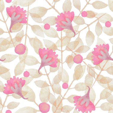Çiçek süsü ile kusursuz desen. Beyaz arka planda suluboya pembe çiçekler. Kumaş veya kağıt üzerine tasarım ve baskı için Raster illüstrasyonu.