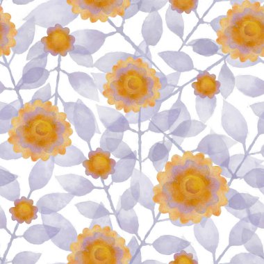 Çiçek süsü ile kusursuz desen. Beyaz arka planda suluboya sarı çiçekler. Tasarım için Raster illüstrasyonu.