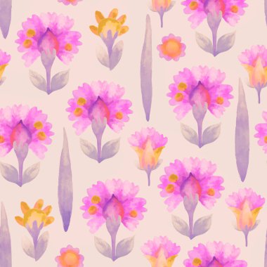 Çiçek süsü ile kusursuz desen. Tasarım için Raster illüstrasyonu, kağıt ve kumaş üzerine baskı için. Açık arkaplanda pembe suluboya çiçekler. Arkaplan.