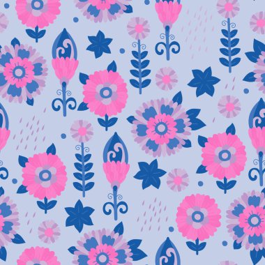 Çiçek süsü ile kusursuz desen. Tasarım için Raster illüstrasyonu, kağıt ve kumaş üzerine baskı için. Mavi arkaplanda pembe ve mavi çiçekler.