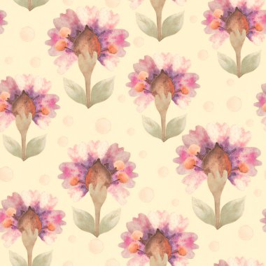Kusursuz desen. Çiçek süsü. Geçmişi. Raster illüstrasyonu. İç dizayn. Kağıt ya da kumaş üzerine baskı. Sarı arkaplanda pembe suluboya çiçekler.