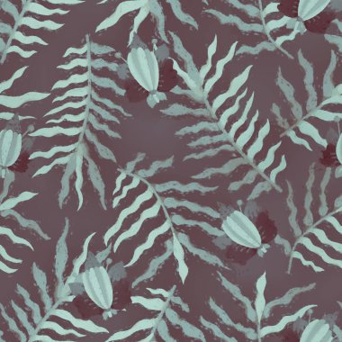 Kusursuz desen. Çiçek süsü. Geçmişi. Raster illüstrasyonu. İç mimari ve giysi tasarımı. Kağıt ya da kumaş üzerine baskı. Koyu arkaplanda suluboya yeşil çiçekler.