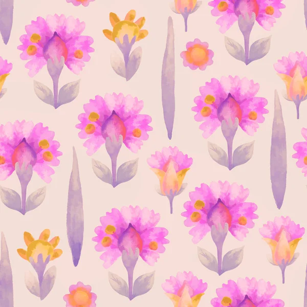 Çiçek süsü ile kusursuz desen. Tasarım için Raster illüstrasyonu, kağıt ve kumaş üzerine baskı için. Açık arkaplanda pembe suluboya çiçekler. Arkaplan.