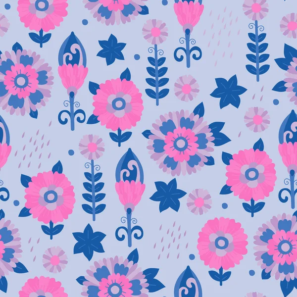 Çiçek süsü ile kusursuz desen. Tasarım için Raster illüstrasyonu, kağıt ve kumaş üzerine baskı için. Mavi arkaplanda pembe ve mavi çiçekler.