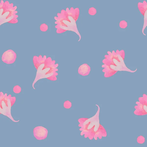 花の装飾とシームレスなパターン 紙や布に印刷するためのデザインのためのラスターイラスト 青地にピンクの水彩画の花 — ストック写真