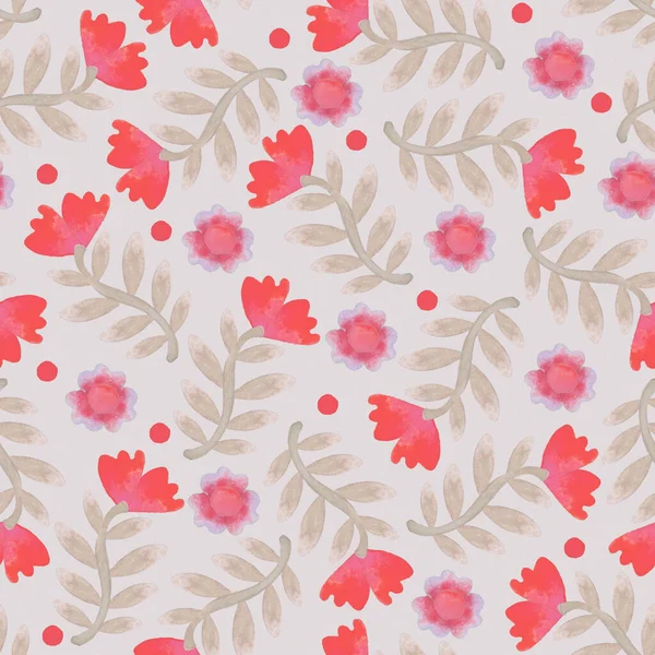 Seamless Pattern Floral Ornament Raster Illustration Background Red Watercolor Flowers — Stock Photo, Image