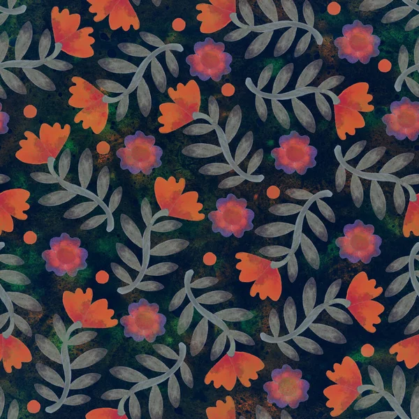 Seamless Pattern Floral Ornament Raster Illustration Grunge Background Flowers Design — 스톡 사진