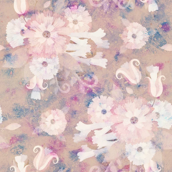 Kusursuz desen. Çiçek süsü. Raster illüstrasyonu. Tasarım için çiçekli suluboya arkaplan. Kumaş ya da kağıda yazdırma.