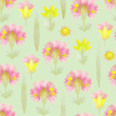 Kusursuz desen. Çiçek süslemeli bir arka plan. Suluboya çiçekler. Tasarım ve dekorasyon için Raster illüstrasyon. Yeşil arkaplanda pembe ve sarı çiçekler.