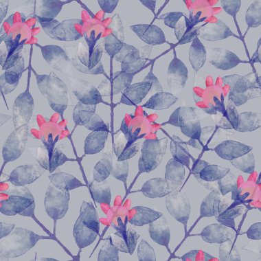 Kusursuz desen. Çiçek süslemeli bir arka plan. Suluboya çiçekler. Tasarım ve dekorasyon için Raster illüstrasyon. Kumaş ve kağıt üzerine baskı yapmak için. Mavi arka planda pembe çiçekler.