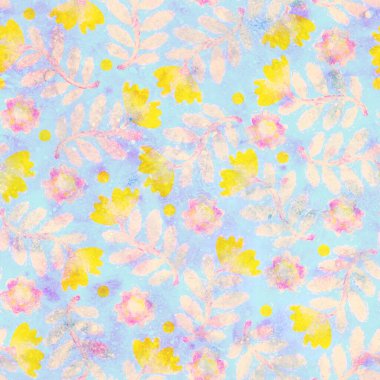 Çiçek süsü ile kusursuz desen. Suluboya çiçeklerle dolu bir arka plan. Kumaş veya kağıt üzerine tasarım ve baskı için Raster illüstrasyonu.