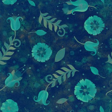 Kusursuz desen. Raster illüstrasyonu. Kart tasarımı, davetiye, ambalaj, paketleme ve yapıştırma kitabı için arka plan. Kumaş ve kağıt üzerine baskı. Koyu arkaplanda neon yeşil çiçekler.